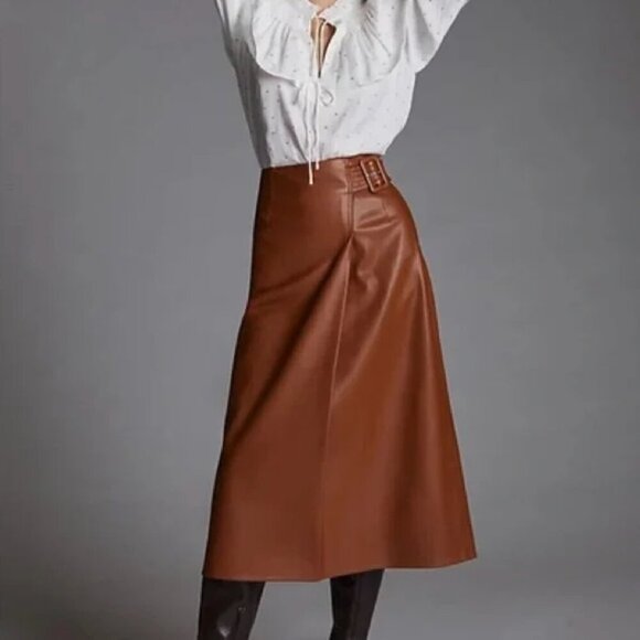 Scotch and Soda Skirt Midi Wrap Over Belted Faux Vegan Leather Tan Brown Size XS - Picture 5 of 12
